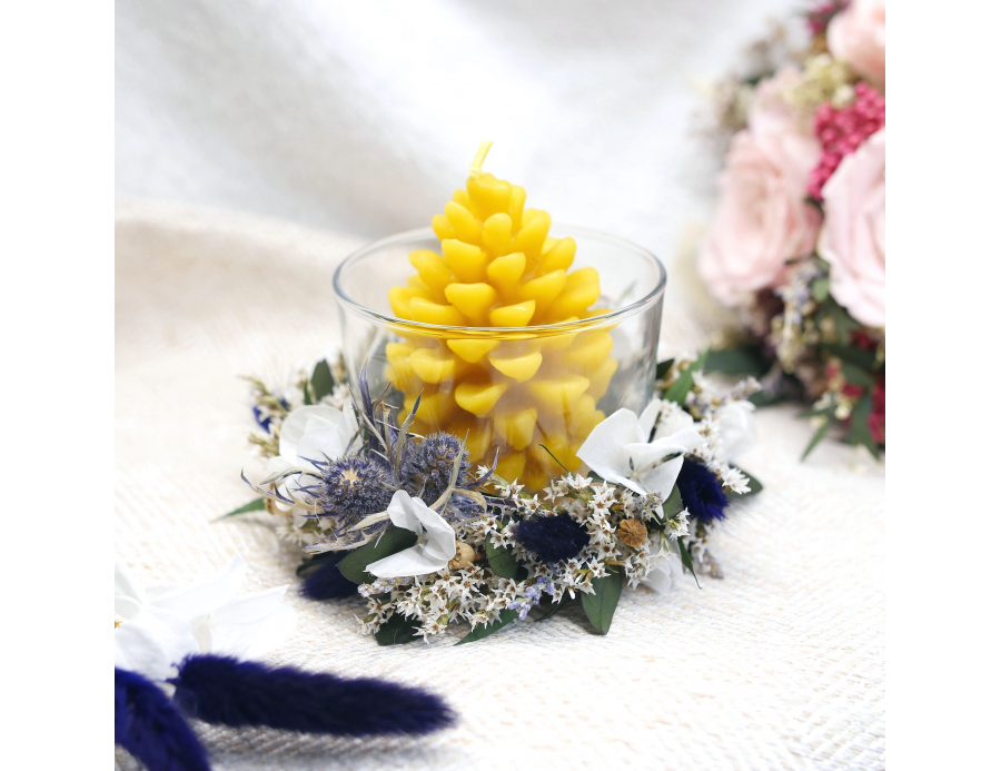 Bougeoir cire d'abeille et fleurs bleues