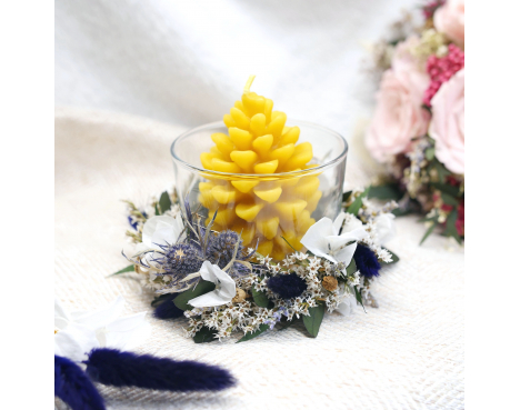 Bougeoir cire d'abeille et fleurs bleues