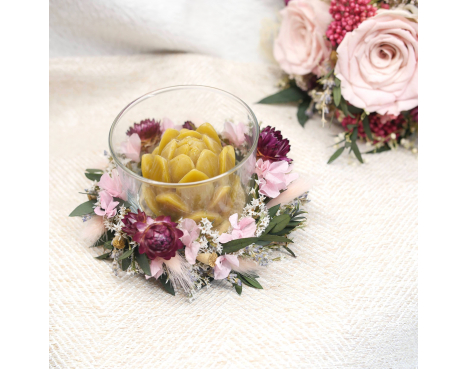 Bougeoir cire d'abeille et fleurs roses