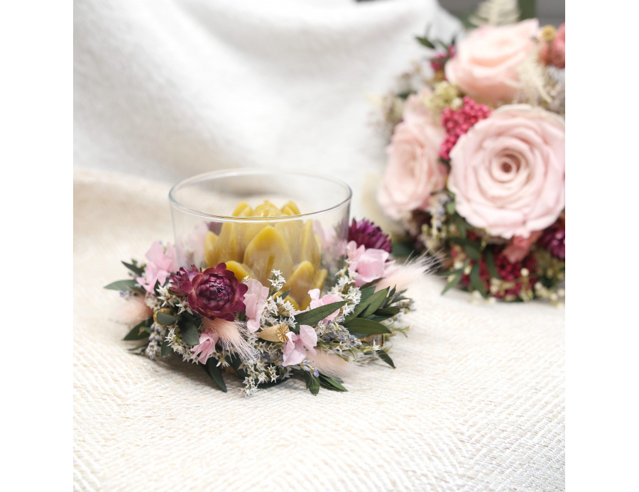 Bougeoir cire d'abeille et fleurs roses